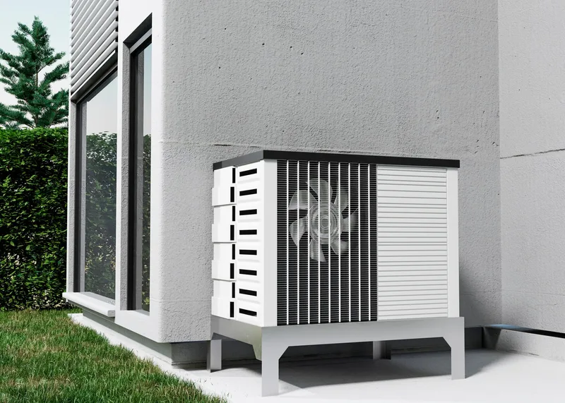 Bomba de calor exterior instalada junto a una vivienda