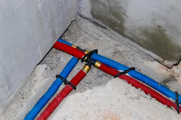 Tuberías de agua preparadas en el suelo antes de cerrar la obra